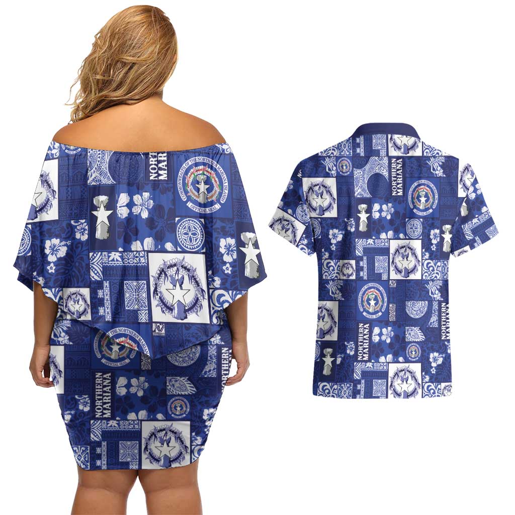 Northern Mariana Islands Magof Nochebuena Couples Matching Off Shoulder Short Dress and Hawaiian Shirt Pacific Patchwork Xmas Vibes - Polynesian Pride