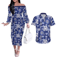 Northern Mariana Islands Magof Nochebuena Couples Matching Off The Shoulder Long Sleeve Dress and Hawaiian Shirt Pacific Patchwork Xmas Vibes - Polynesian Pride