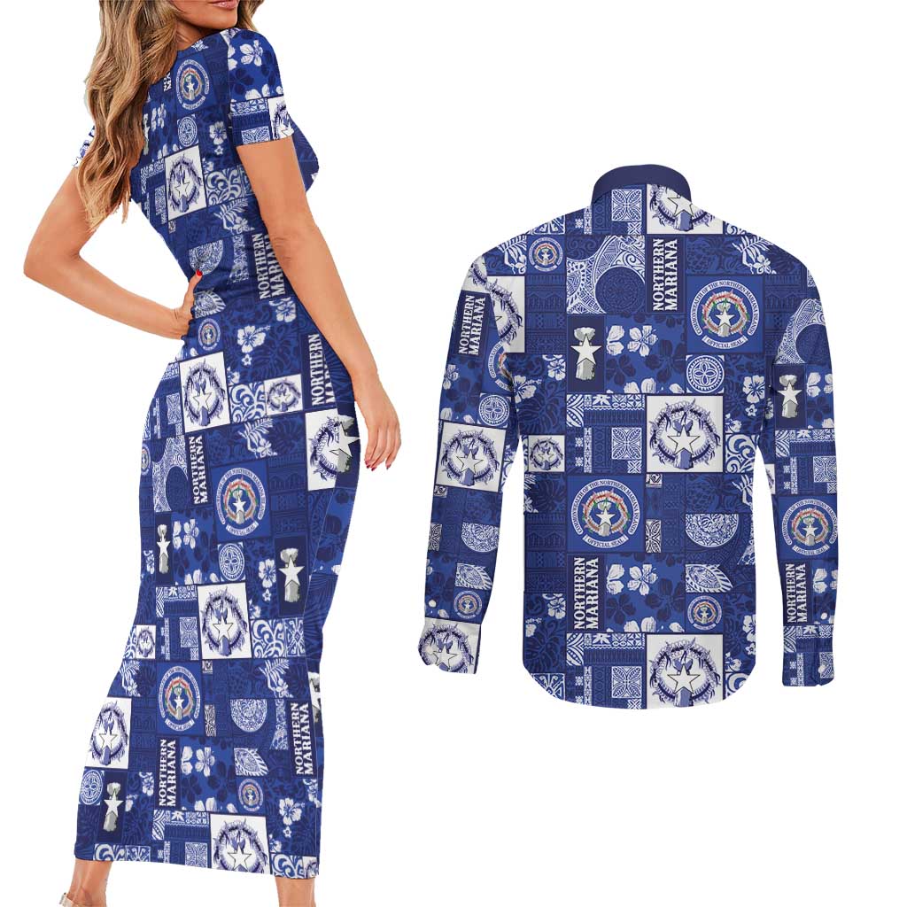 Northern Mariana Islands Magof Nochebuena Couples Matching Short Sleeve Bodycon Dress and Long Sleeve Button Shirt Pacific Patchwork Xmas Vibes - Polynesian Pride