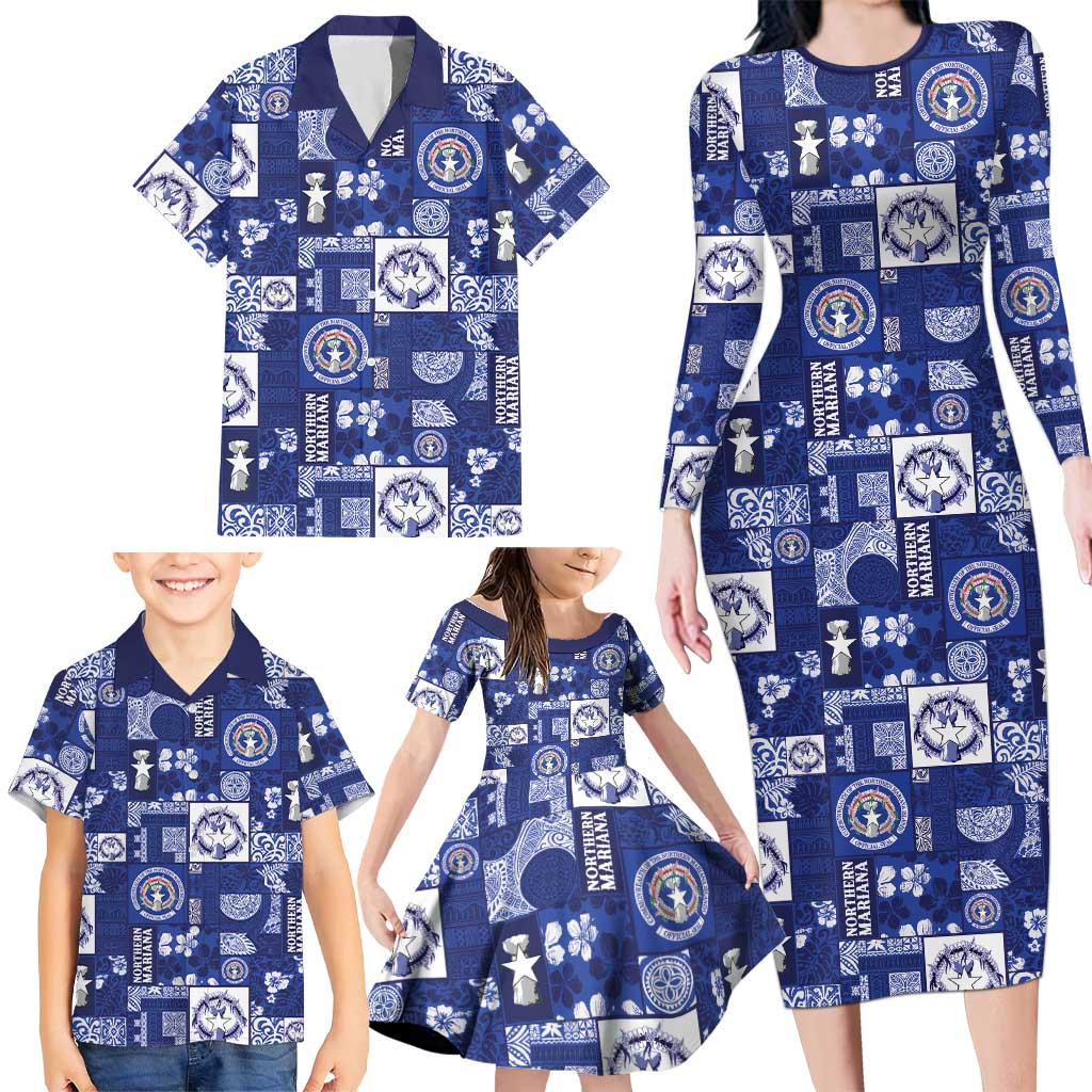 Northern Mariana Islands Magof Nochebuena Family Matching Long Sleeve Bodycon Dress and Hawaiian Shirt Pacific Patchwork Xmas Vibes - Polynesian Pride