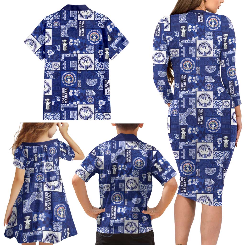 Northern Mariana Islands Magof Nochebuena Family Matching Long Sleeve Bodycon Dress and Hawaiian Shirt Pacific Patchwork Xmas Vibes - Polynesian Pride
