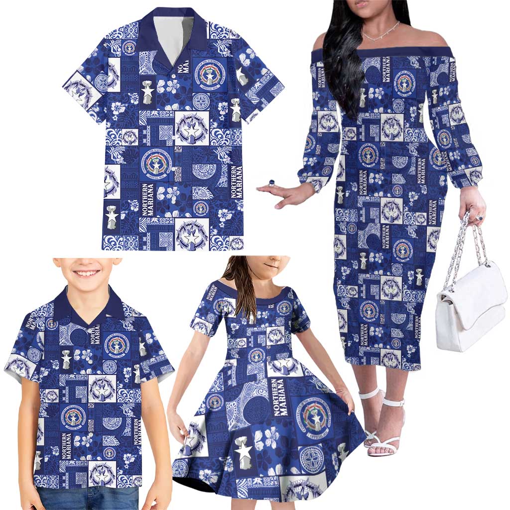 Northern Mariana Islands Magof Nochebuena Family Matching Off The Shoulder Long Sleeve Dress and Hawaiian Shirt Pacific Patchwork Xmas Vibes - Polynesian Pride
