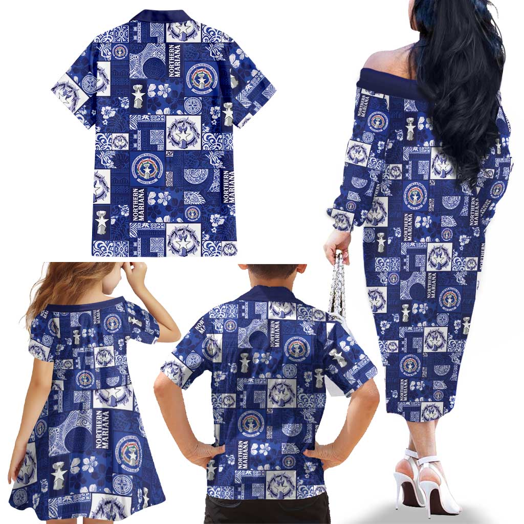 Northern Mariana Islands Magof Nochebuena Family Matching Off The Shoulder Long Sleeve Dress and Hawaiian Shirt Pacific Patchwork Xmas Vibes - Polynesian Pride