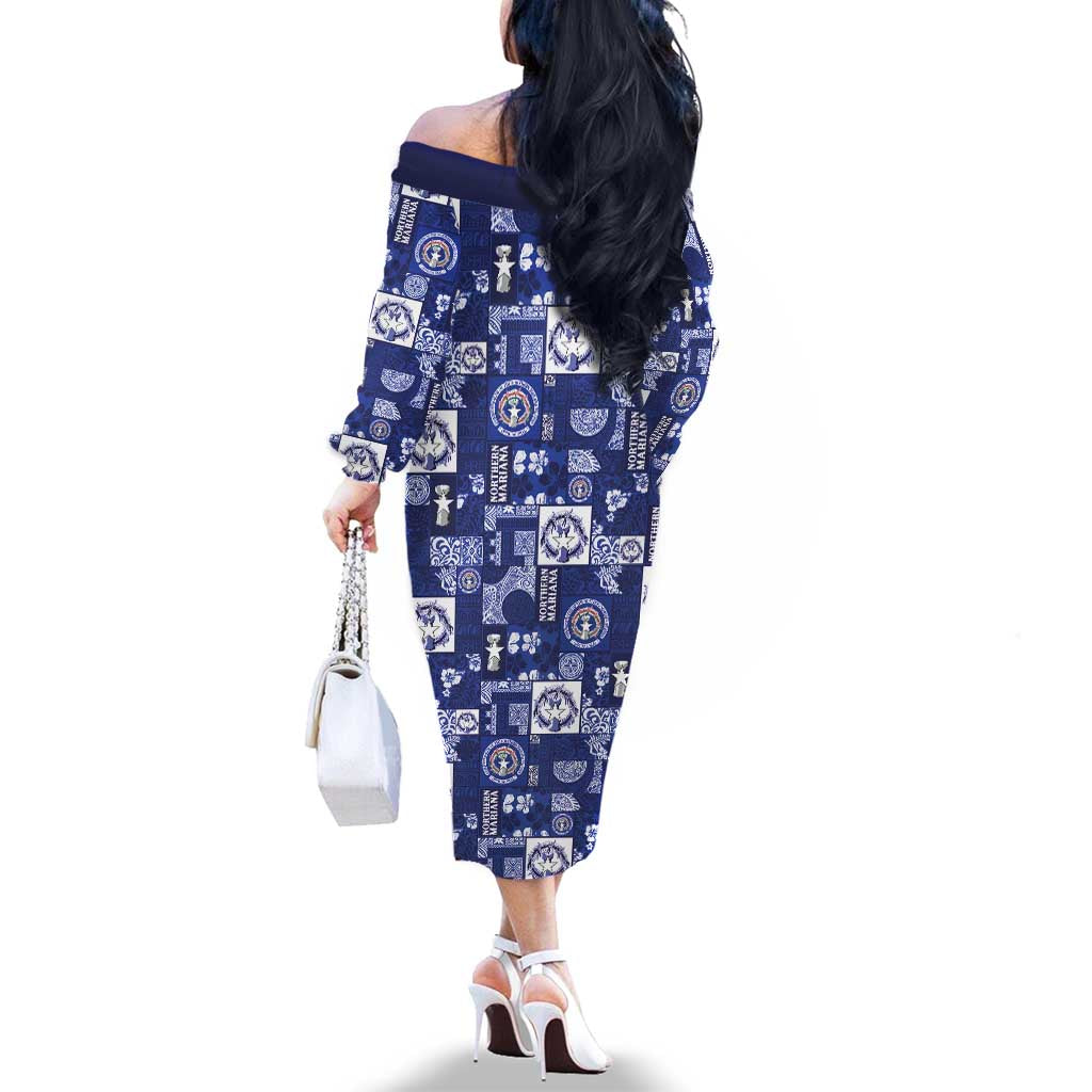 Northern Mariana Islands Magof Nochebuena Family Matching Off The Shoulder Long Sleeve Dress and Hawaiian Shirt Pacific Patchwork Xmas Vibes - Polynesian Pride