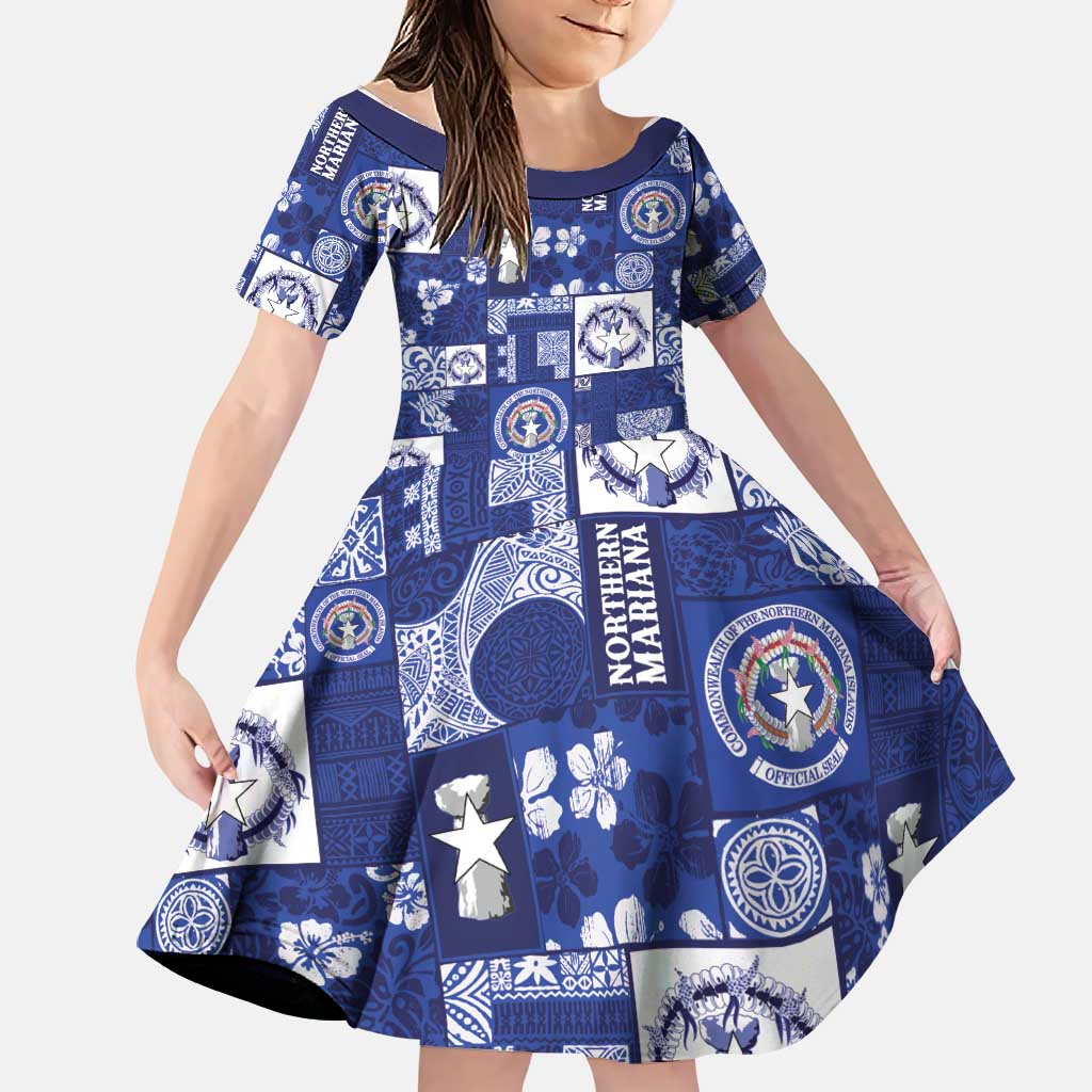 Northern Mariana Islands Magof Nochebuena Family Matching Off Shoulder Short Dress and Hawaiian Shirt Pacific Patchwork Xmas Vibes LT9 Daughter's Dress Blue - Polynesian Pride