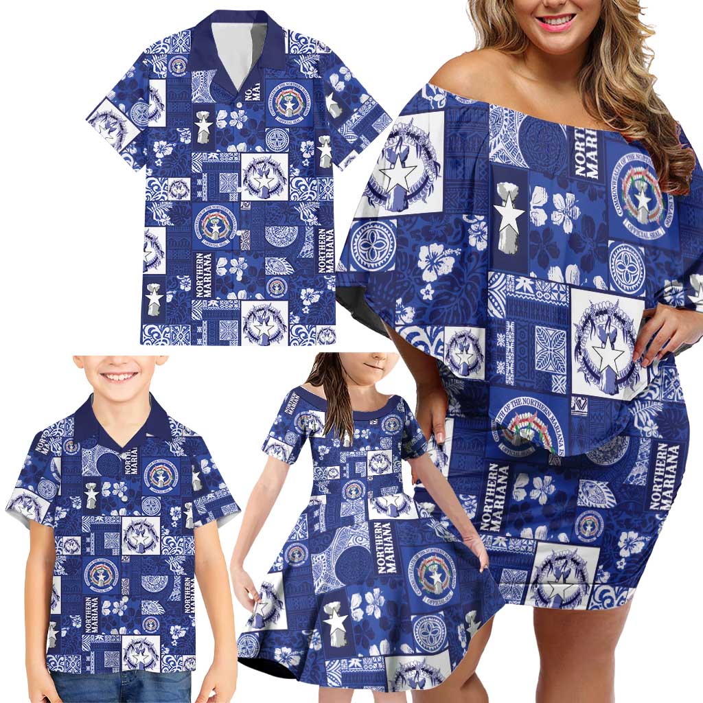 Northern Mariana Islands Magof Nochebuena Family Matching Off Shoulder Short Dress and Hawaiian Shirt Pacific Patchwork Xmas Vibes LT9 - Polynesian Pride