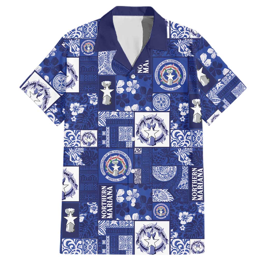 Northern Mariana Islands Magof Nochebuena Family Matching Off Shoulder Short Dress and Hawaiian Shirt Pacific Patchwork Xmas Vibes LT9 Dad's Shirt - Short Sleeve Blue - Polynesian Pride