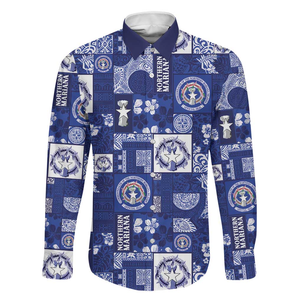 Northern Mariana Islands Magof Nochebuena Family Matching Off Shoulder Short Dress and Hawaiian Shirt Pacific Patchwork Xmas Vibes LT9 Dad's Shirt - Long Sleeve Blue - Polynesian Pride
