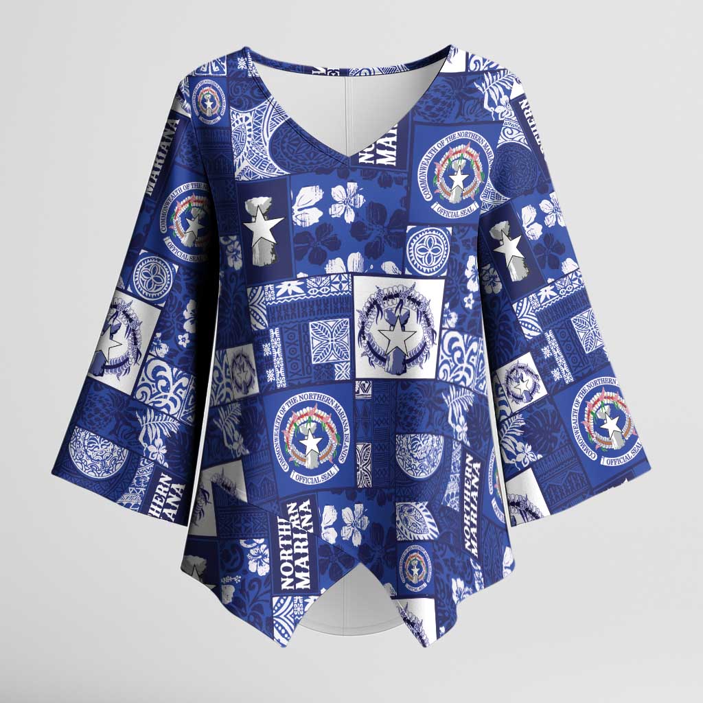 Northern Mariana Islands Magof Nochebuena Kimono Sleeve Blouse Pacific Patchwork Xmas Vibes LT9 Female Blue - Polynesian Pride
