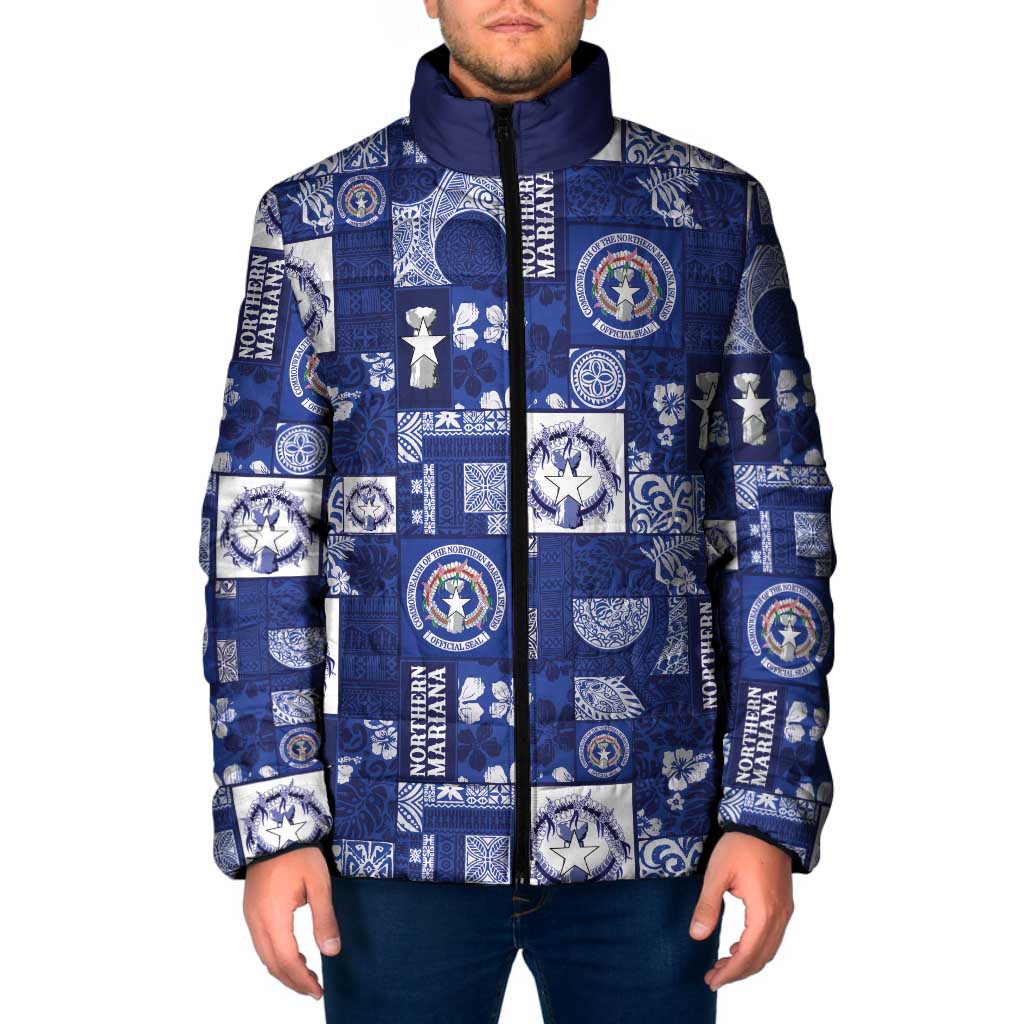 Northern Mariana Islands Magof Nochebuena Padded Jacket Pacific Patchwork Xmas Vibes LT9 Men Blue - Polynesian Pride