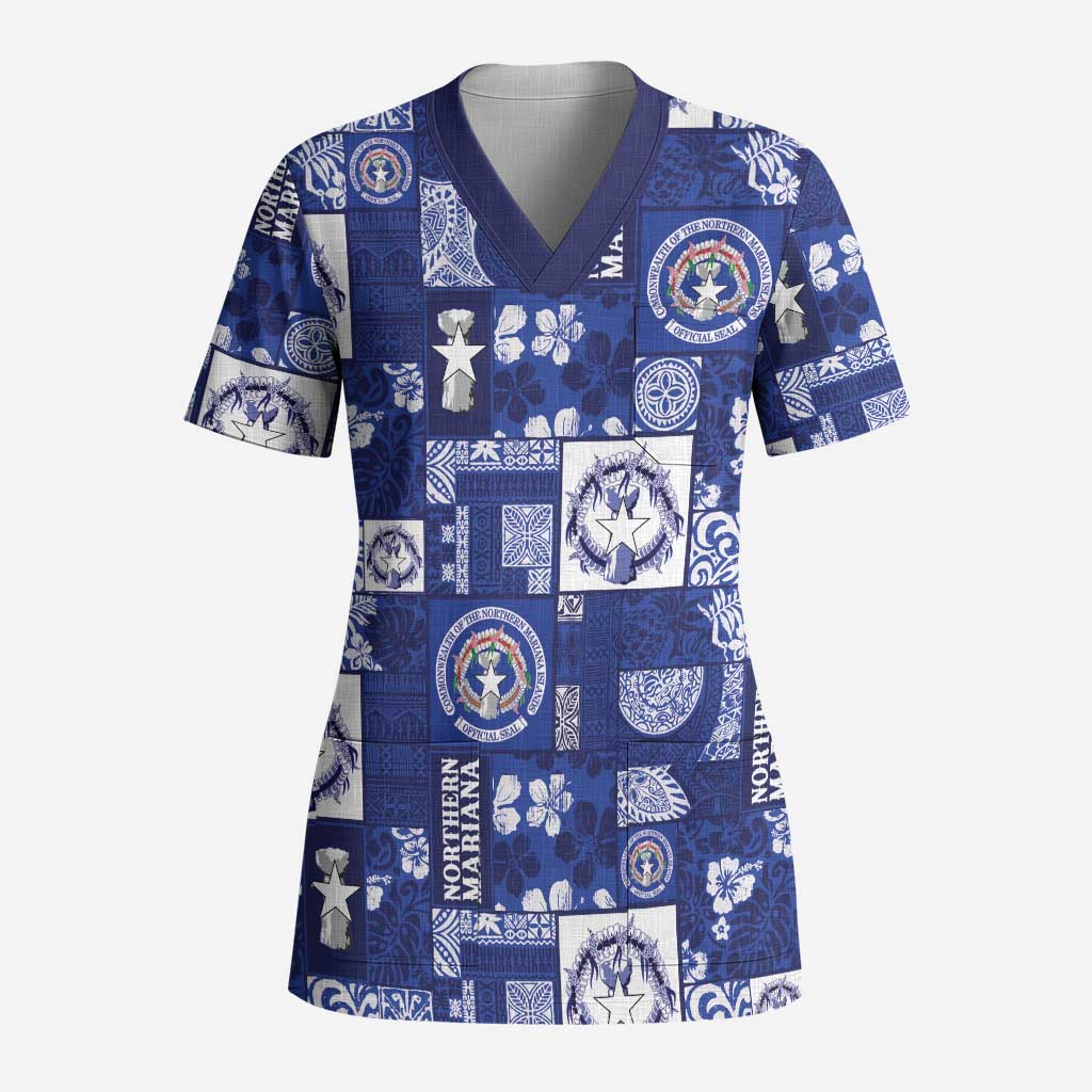 Northern Mariana Islands Magof Nochebuena Scrub Top Pacific Patchwork Xmas Vibes LT9 Adult Blue - Polynesian Pride