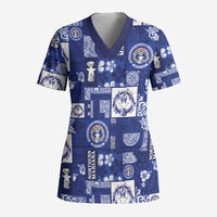 Northern Mariana Islands Magof Nochebuena Scrub Top Pacific Patchwork Xmas Vibes LT9 Adult Blue - Polynesian Pride