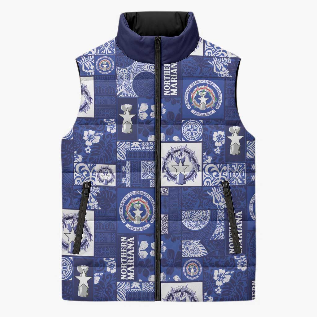 Northern Mariana Islands Magof Nochebuena Sleeveless Puffer Jacket Pacific Patchwork Xmas Vibes LT9 Unisex Blue - Polynesian Pride