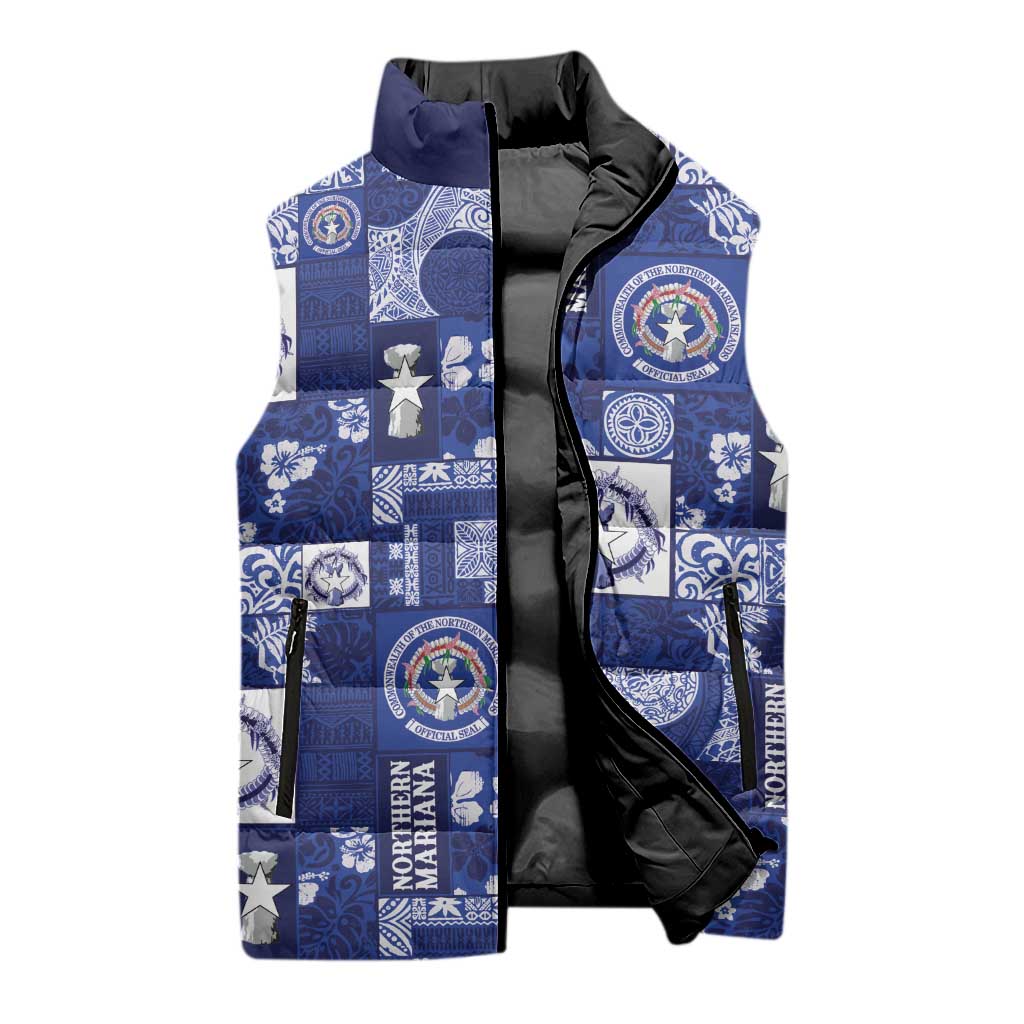 Northern Mariana Islands Magof Nochebuena Sleeveless Puffer Jacket Pacific Patchwork Xmas Vibes LT9 - Polynesian Pride