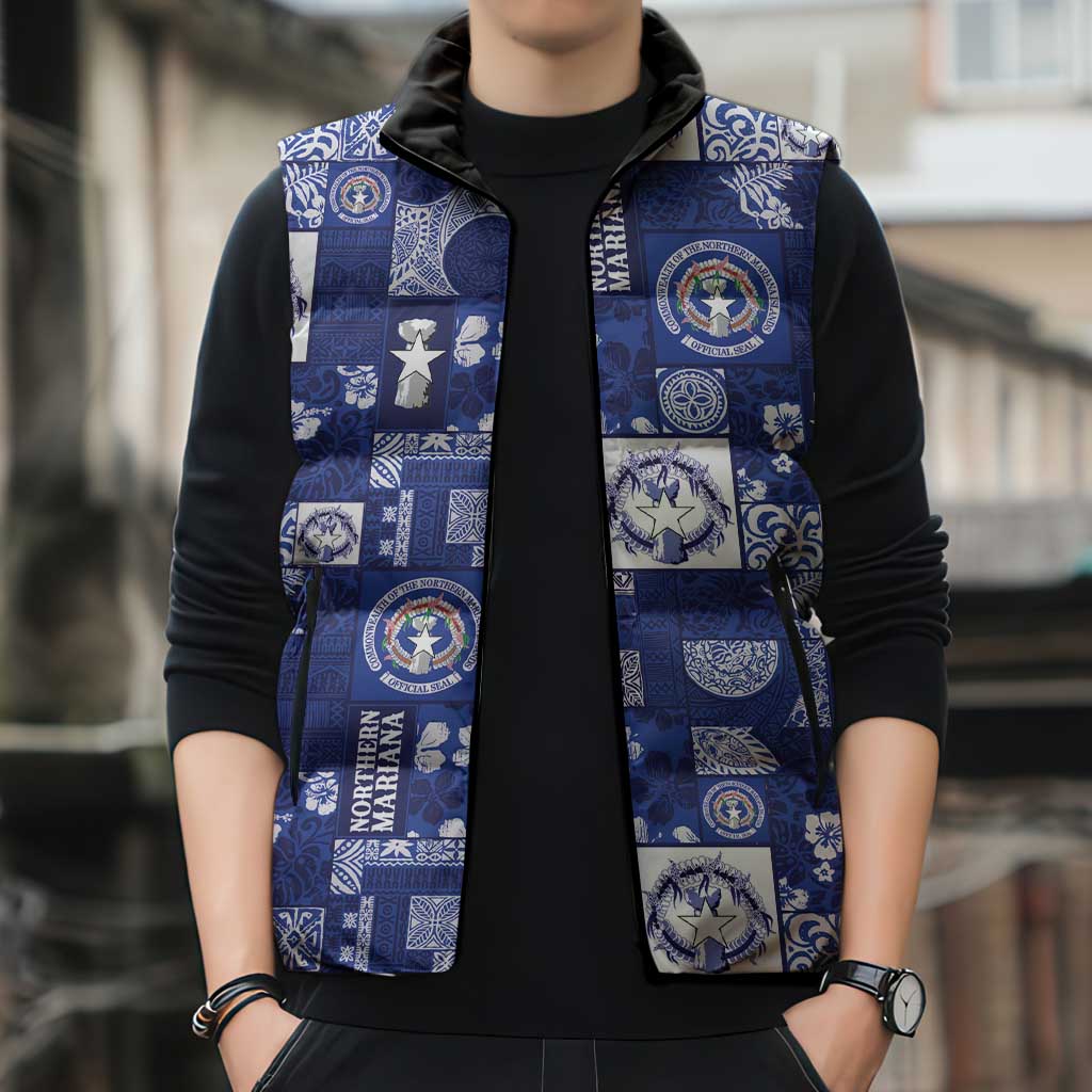 Northern Mariana Islands Magof Nochebuena Sleeveless Puffer Jacket Pacific Patchwork Xmas Vibes LT9 - Polynesian Pride