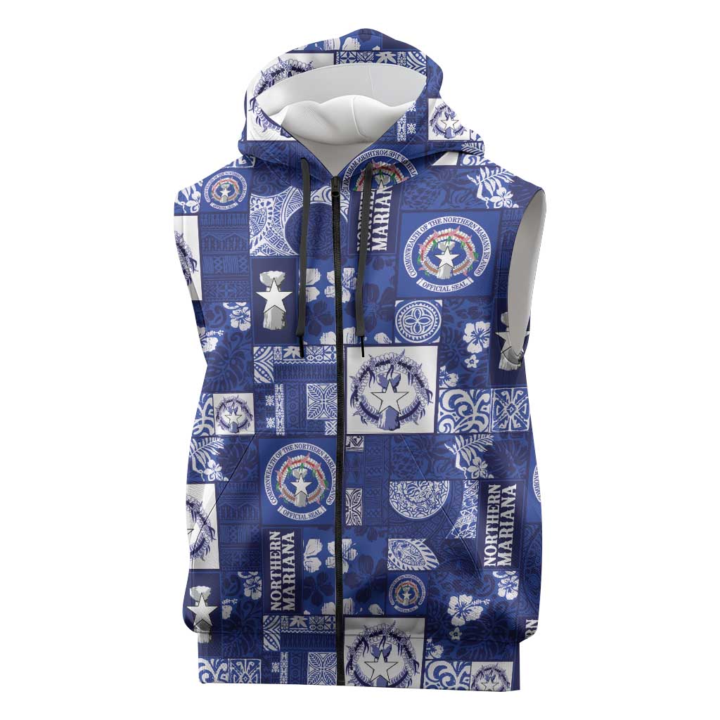 Northern Mariana Islands Magof Nochebuena Sleeveless Zip Hoodie Pacific Patchwork Xmas Vibes LT9 Blue - Polynesian Pride