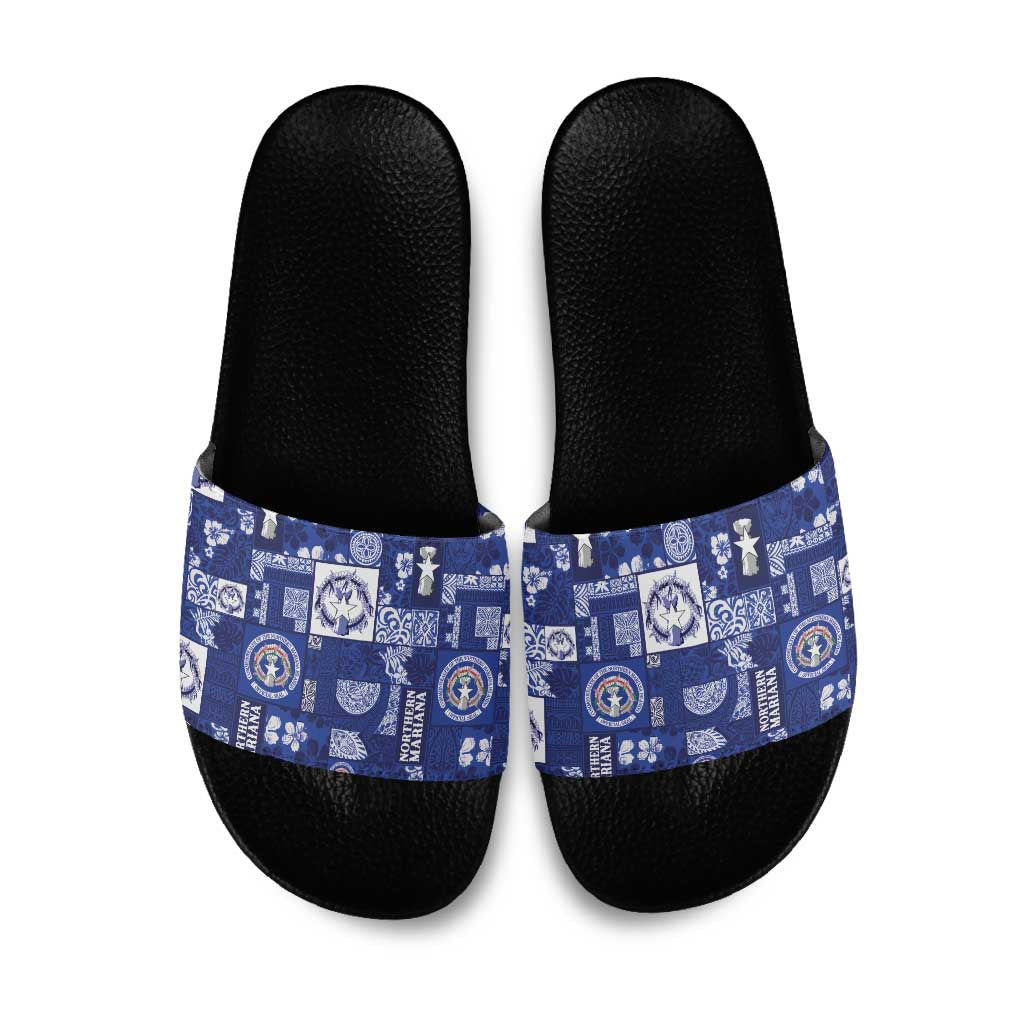 Northern Mariana Islands Magof Nochebuena Slide Sandals Pacific Patchwork Xmas Vibes LT9 Blue - Polynesian Pride