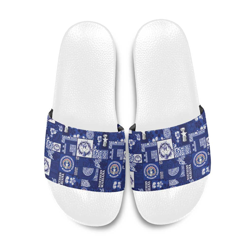 Northern Mariana Islands Magof Nochebuena Slide Sandals Pacific Patchwork Xmas Vibes LT9 Blue - Polynesian Pride