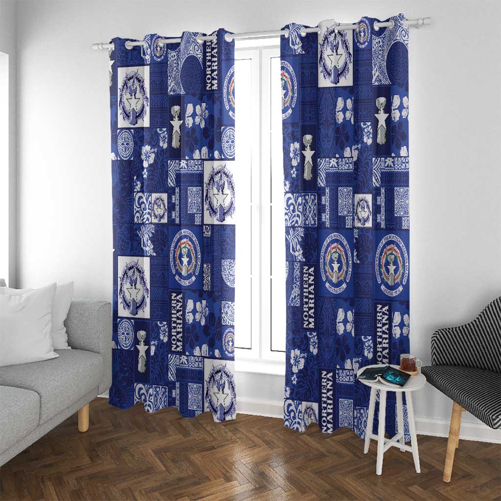 Northern Mariana Islands Magof Nochebuena Window Curtain Pacific Patchwork Xmas Vibes LT9 With Grommets Blue - Polynesian Pride