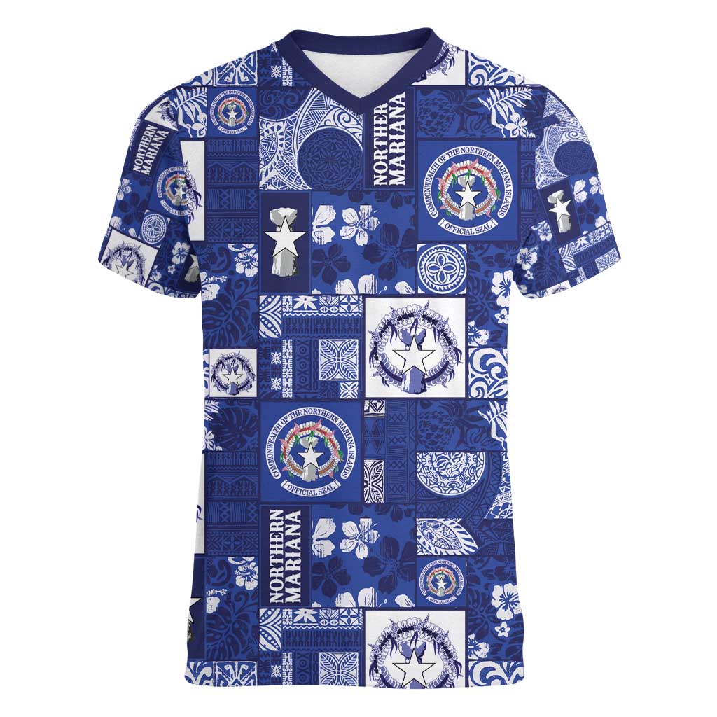 Northern Mariana Islands Magof Nochebuena Women V-Neck T-Shirt Pacific Patchwork Xmas Vibes - Polynesian Pride