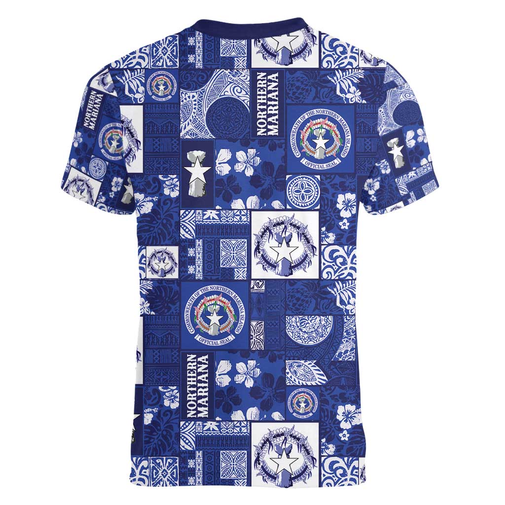 Northern Mariana Islands Magof Nochebuena Women V-Neck T-Shirt Pacific Patchwork Xmas Vibes - Polynesian Pride