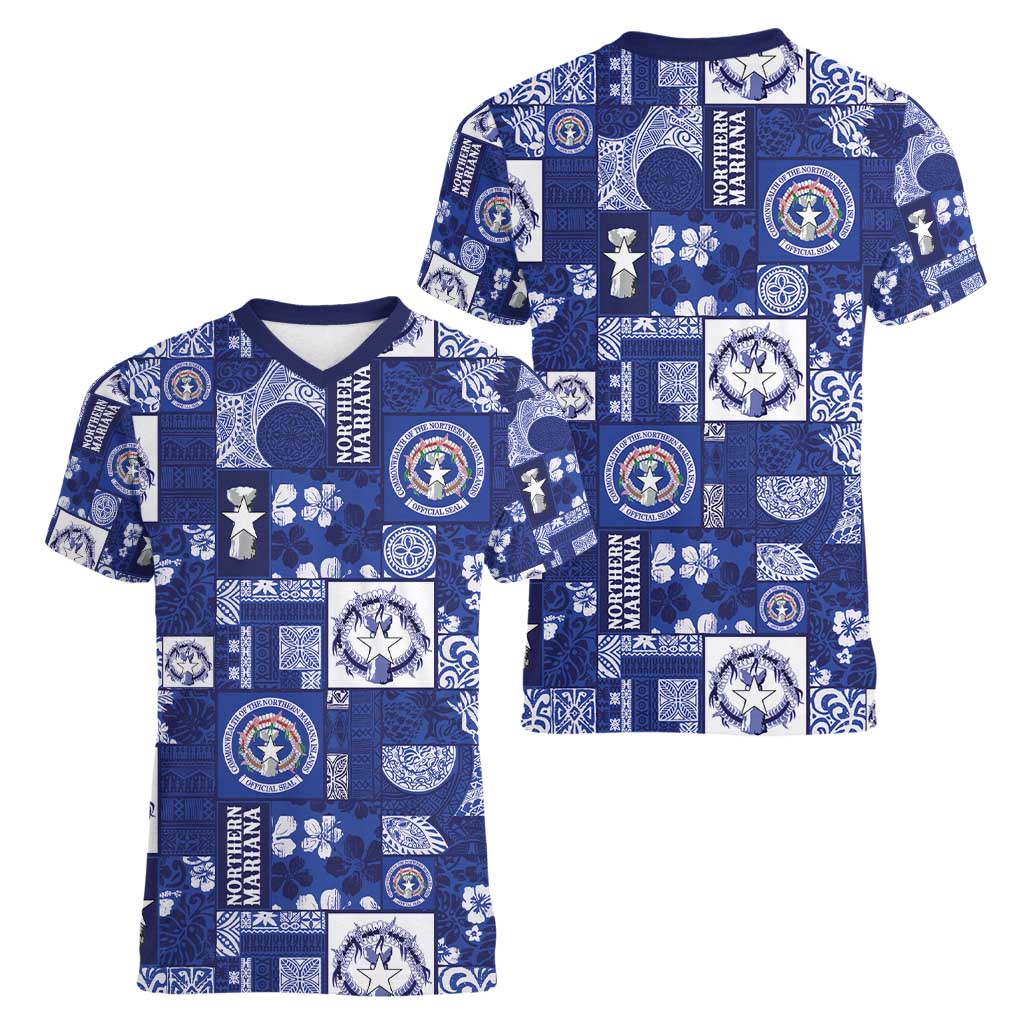 Northern Mariana Islands Magof Nochebuena Women V-Neck T-Shirt Pacific Patchwork Xmas Vibes - Polynesian Pride