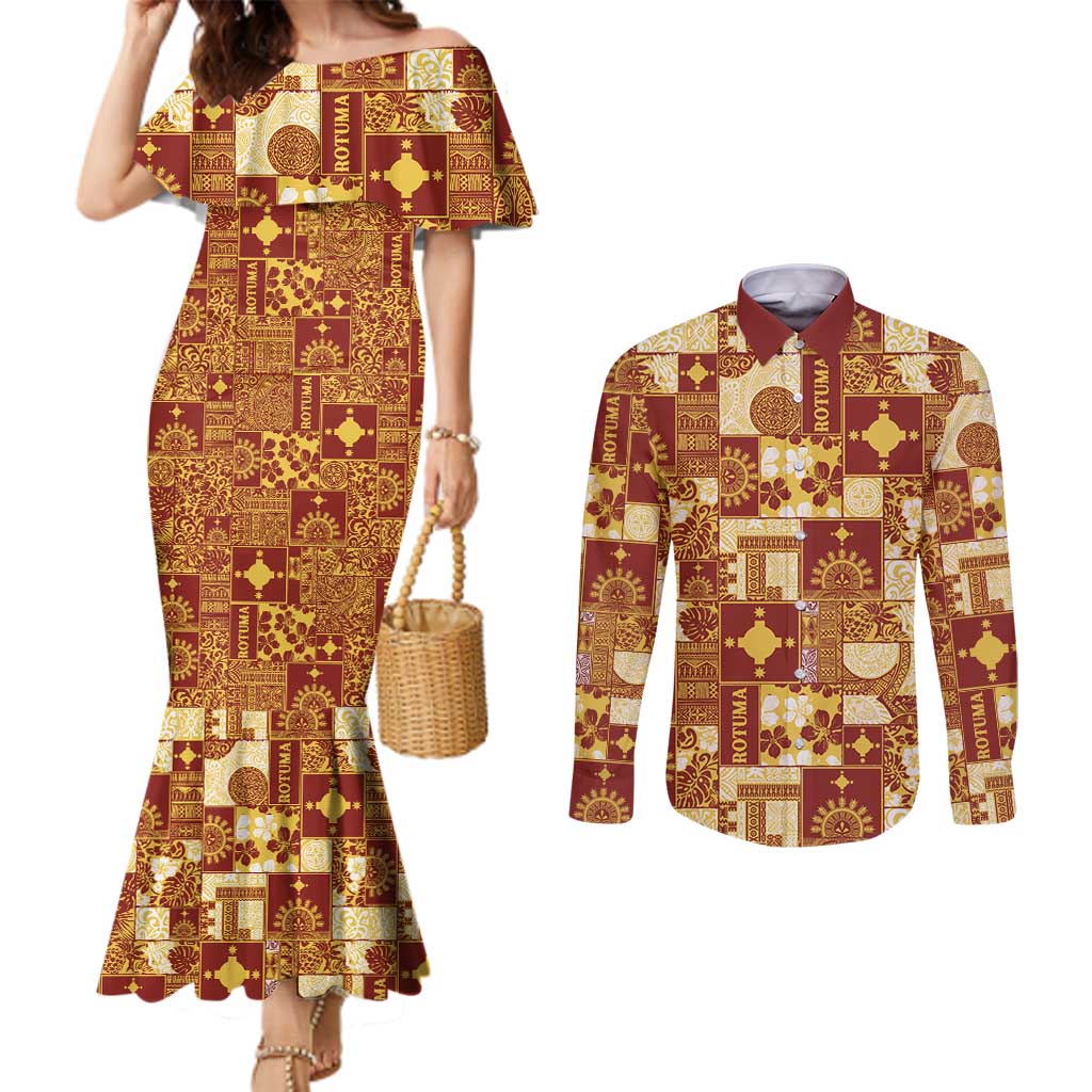 Rotuma Faiakse'ea 'e Kirisimasi Couples Matching Mermaid Dress and Long Sleeve Button Shirt Pacific Patchwork Xmas Vibes - Polynesian Pride