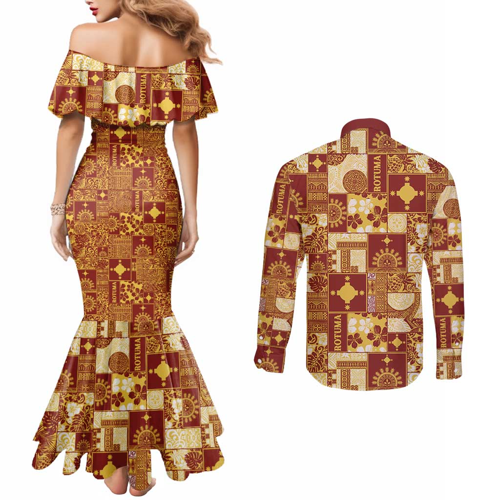 Rotuma Faiakse'ea 'e Kirisimasi Couples Matching Mermaid Dress and Long Sleeve Button Shirt Pacific Patchwork Xmas Vibes LT9 - Polynesian Pride