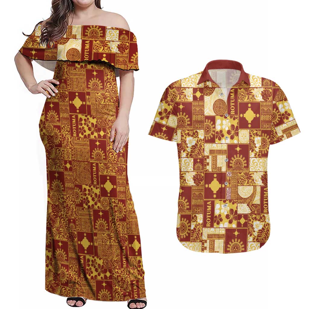 Rotuma Faiakse'ea 'e Kirisimasi Couples Matching Off Shoulder Maxi Dress and Hawaiian Shirt Pacific Patchwork Xmas Vibes - Polynesian Pride
