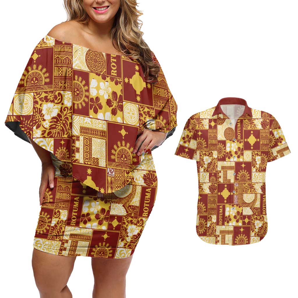 Rotuma Faiakse'ea 'e Kirisimasi Couples Matching Off Shoulder Short Dress and Hawaiian Shirt Pacific Patchwork Xmas Vibes LT9 Red - Polynesian Pride