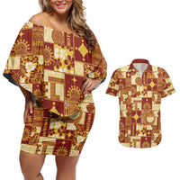 Rotuma Faiakse'ea 'e Kirisimasi Couples Matching Off Shoulder Short Dress and Hawaiian Shirt Pacific Patchwork Xmas Vibes LT9 Red - Polynesian Pride