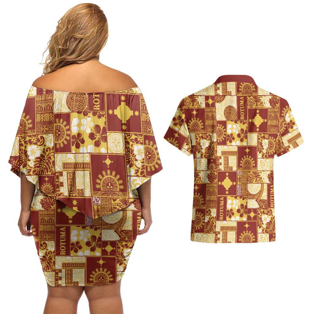 Rotuma Faiakse'ea 'e Kirisimasi Couples Matching Off Shoulder Short Dress and Hawaiian Shirt Pacific Patchwork Xmas Vibes LT9 - Polynesian Pride