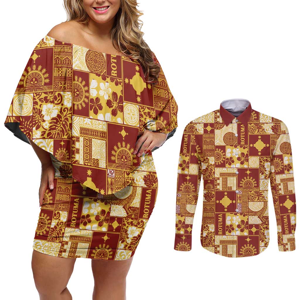 Rotuma Faiakse'ea 'e Kirisimasi Couples Matching Off Shoulder Short Dress and Long Sleeve Button Shirt Pacific Patchwork Xmas Vibes - Polynesian Pride