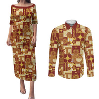 Rotuma Faiakse'ea 'e Kirisimasi Couples Matching Puletasi and Long Sleeve Button Shirt Pacific Patchwork Xmas Vibes LT9 Red - Polynesian Pride