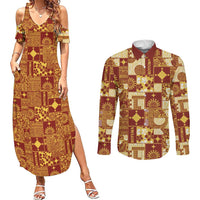 Rotuma Faiakse'ea 'e Kirisimasi Couples Matching Summer Maxi Dress and Long Sleeve Button Shirt Pacific Patchwork Xmas Vibes LT9 Red - Polynesian Pride