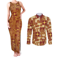 Rotuma Faiakse'ea 'e Kirisimasi Couples Matching Tank Maxi Dress and Long Sleeve Button Shirt Pacific Patchwork Xmas Vibes LT9 Red - Polynesian Pride