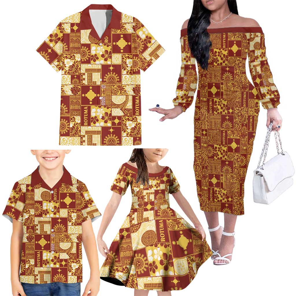 Rotuma Faiakse'ea 'e Kirisimasi Family Matching Off The Shoulder Long Sleeve Dress and Hawaiian Shirt Pacific Patchwork Xmas Vibes - Polynesian Pride