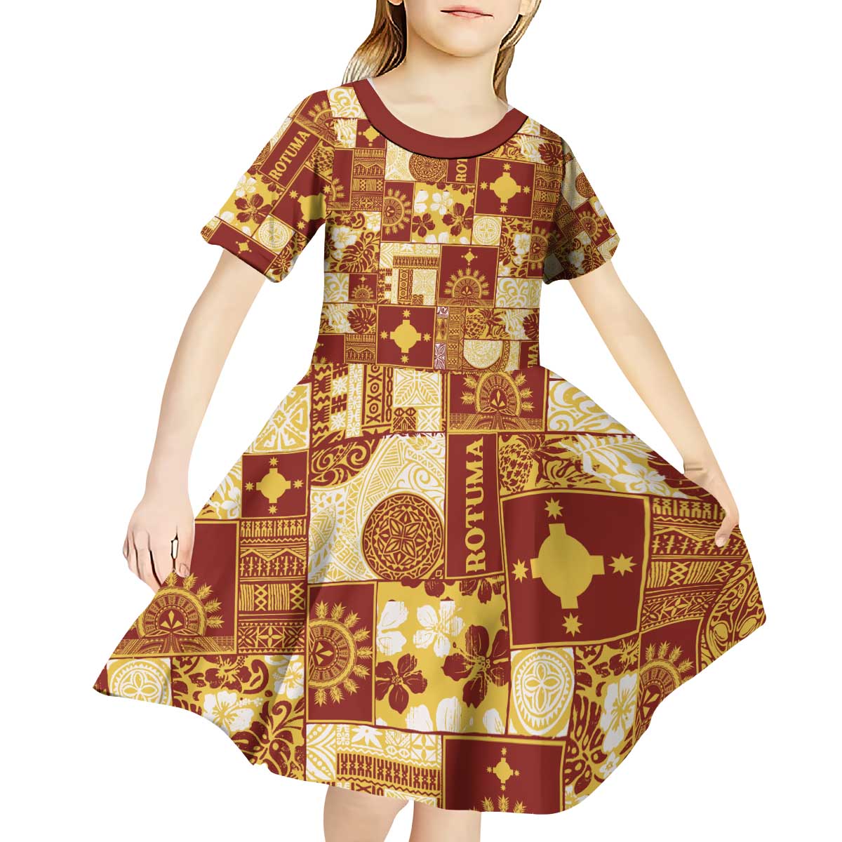 Rotuma Faiakse'ea 'e Kirisimasi Kid Short Sleeve Dress Pacific Patchwork Xmas Vibes - Polynesian Pride