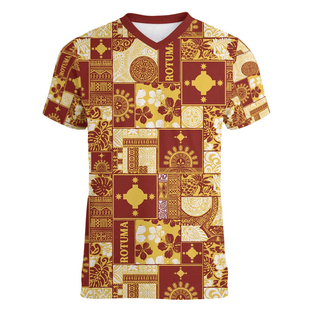 Rotuma Faiakse'ea 'e Kirisimasi Women V-Neck T-Shirt Pacific Patchwork Xmas Vibes - Polynesian Pride