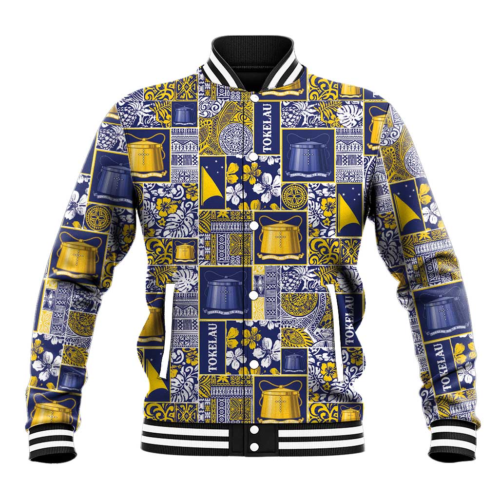 Tokelau Manuia te Kilihimahi Baseball Jacket Pacific Patchwork Xmas Vibes LT9 Unisex Blue - Polynesian Pride