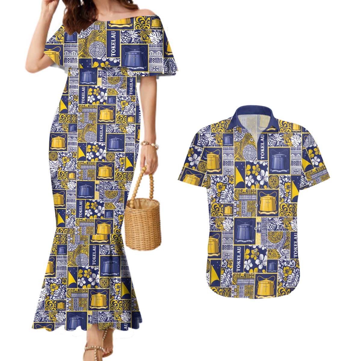 Tokelau Manuia te Kilihimahi Couples Matching Mermaid Dress and Hawaiian Shirt Pacific Patchwork Xmas Vibes - Polynesian Pride