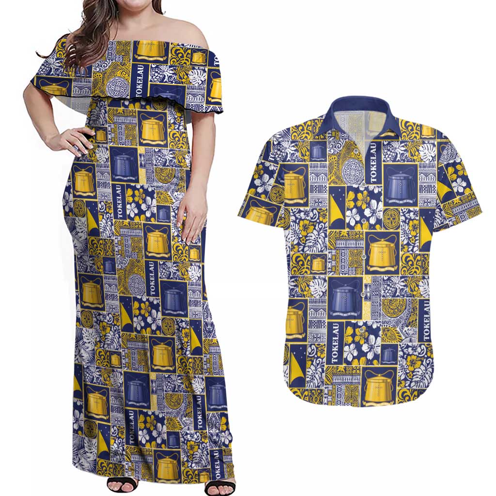 Tokelau Manuia te Kilihimahi Couples Matching Off Shoulder Maxi Dress and Hawaiian Shirt Pacific Patchwork Xmas Vibes - Polynesian Pride