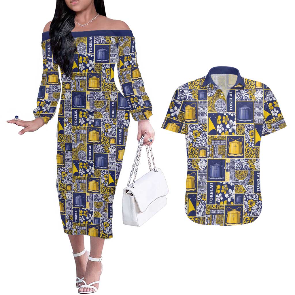 Tokelau Manuia te Kilihimahi Couples Matching Off The Shoulder Long Sleeve Dress and Hawaiian Shirt Pacific Patchwork Xmas Vibes - Polynesian Pride