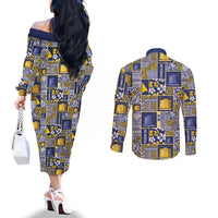 Tokelau Manuia te Kilihimahi Couples Matching Off The Shoulder Long Sleeve Dress and Long Sleeve Button Shirt Pacific Patchwork Xmas Vibes LT9 - Polynesian Pride