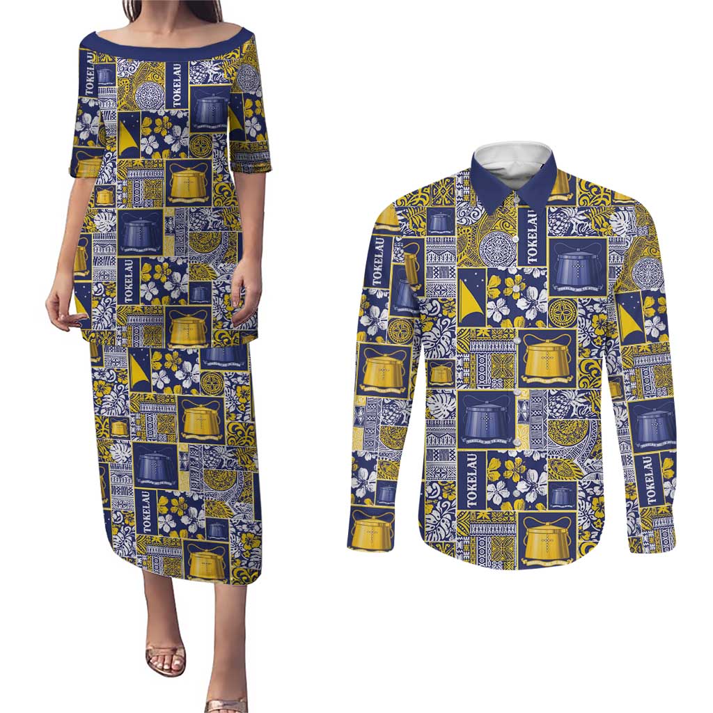Tokelau Manuia te Kilihimahi Couples Matching Puletasi and Long Sleeve Button Shirt Pacific Patchwork Xmas Vibes - Polynesian Pride