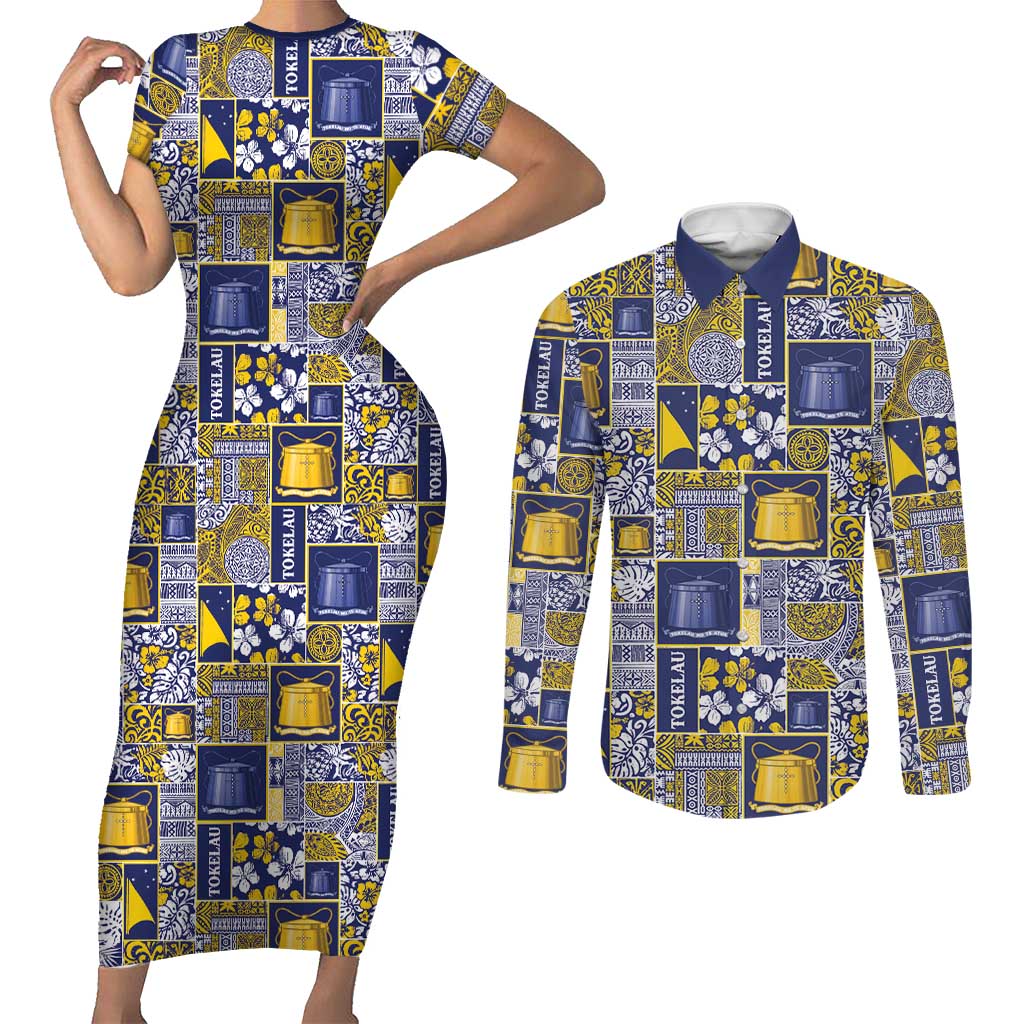 Tokelau Manuia te Kilihimahi Couples Matching Short Sleeve Bodycon Dress and Long Sleeve Button Shirt Pacific Patchwork Xmas Vibes - Polynesian Pride