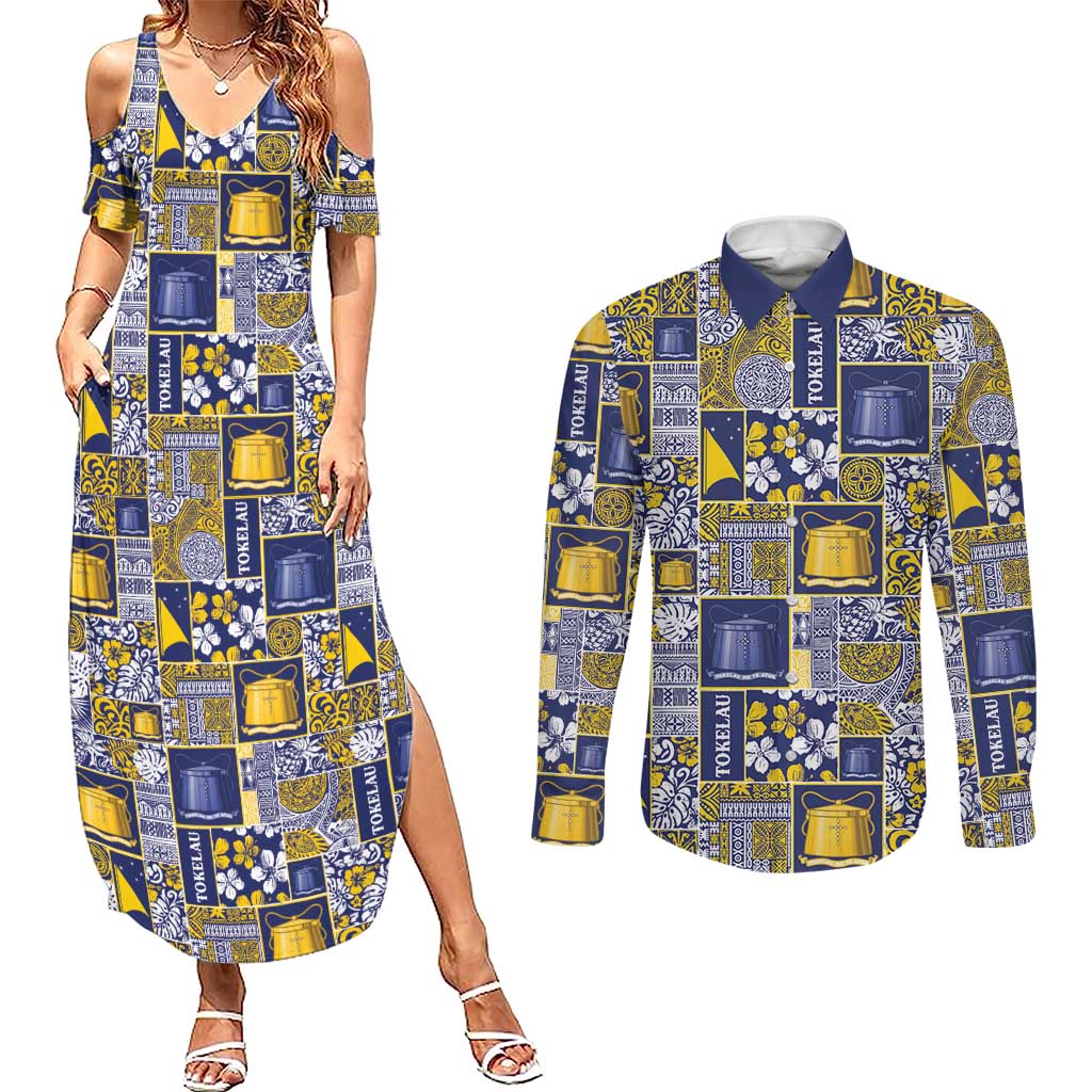 Tokelau Manuia te Kilihimahi Couples Matching Summer Maxi Dress and Long Sleeve Button Shirt Pacific Patchwork Xmas Vibes LT9 Blue - Polynesian Pride