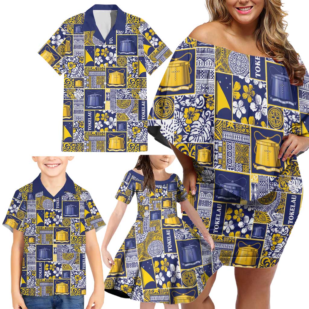 Tokelau Manuia te Kilihimahi Family Matching Off Shoulder Short Dress and Hawaiian Shirt Pacific Patchwork Xmas Vibes - Polynesian Pride