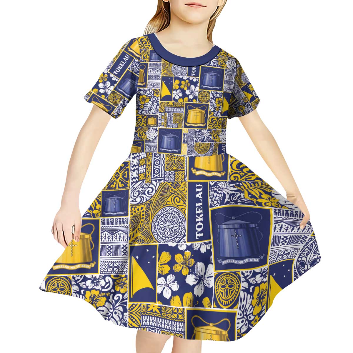 Tokelau Manuia te Kilihimahi Kid Short Sleeve Dress Pacific Patchwork Xmas Vibes - Polynesian Pride