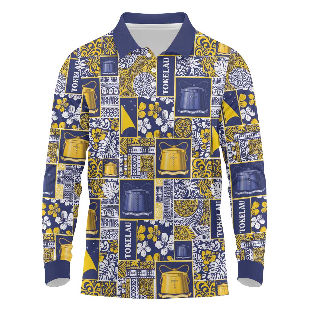 Tokelau Manuia te Kilihimahi Long Sleeve Polo Shirt Pacific Patchwork Xmas Vibes LT9 Blue - Polynesian Pride